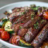 Sheet Pan Steak and Veggie Bowl with colorful bell peppers, zucchini, and onions served with fresh herbs and lemon.