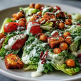 Creamy vegan Caesar salad topped generously with crunchy roasted chickpea croutons.