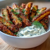 Golden pickle fries, hot from the air fryer, with a creamy dipping sauce.