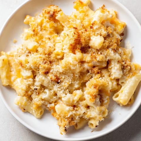 Creamy stovetop macaroni and cheese with cheddar sauce and fresh parsley garnish in a white bowl.