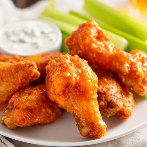 Golden-brown crispy Buffalo Wings tossed in tangy red sauce with celery sticks and blue cheese dip on the side.