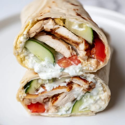 Juicy grilled chicken, crisp cucumber, and creamy tzatziki wrapped in a soft pita for a flavorful Greek Chicken Wrap.