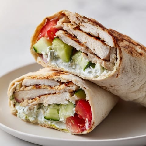 Fresh Greek Chicken Wrap filled with tender grilled chicken, ripe tomato, and cool tzatziki, served warm and ready to eat.