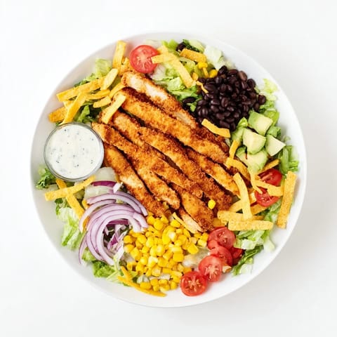 A vibrant Tex-Mex salad featuring crunchy tortilla strips, black beans, corn, and melted cheddar.  