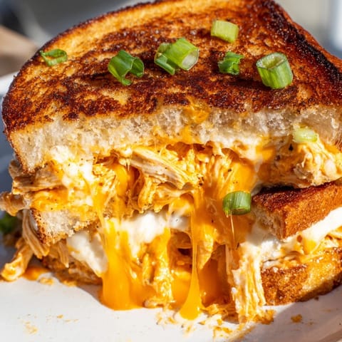 Buffalo Chicken Ranch Grilled Cheese, a melty, golden sandwich served warm with fresh green onion garnish.