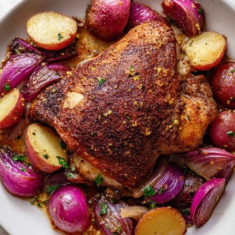 Juicy roasted chicken thighs with caramelized potatoes and sweet radishes on a sheet pan, finished with lemon and parsley.