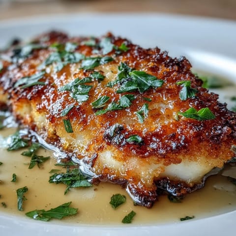 Flounder meunière served with lemon wedges and a side of steamed green beans.