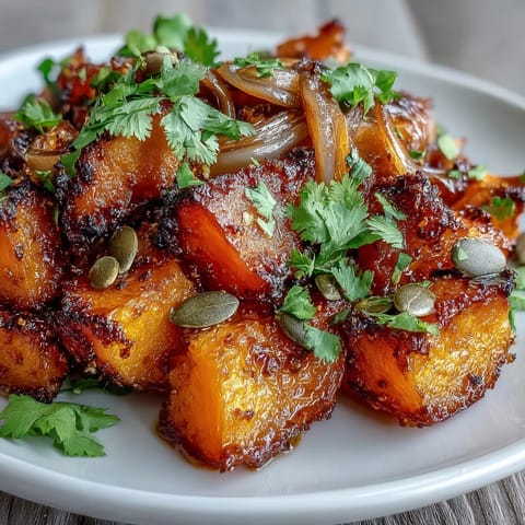 Roasted sweet and spicy red kuri squash bowl, garnished with pepitas, fresh cilantro, and a bright lime wedge.