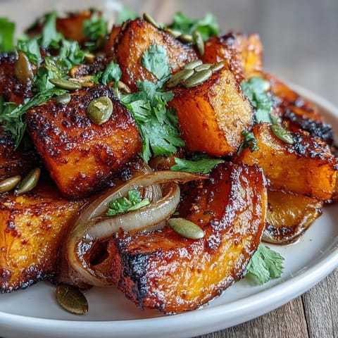 Close-up of a vibrant red kuri squash bowl with wilted kale, caramelized onions, and warm, smoky spices.