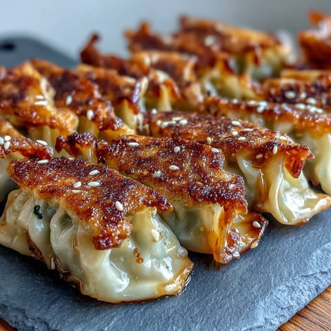 Crispy homemade Smashed Gyozas with golden-brown bottoms, served alongside a tangy soy-vinegar dipping sauce for an easy weeknight meal.  