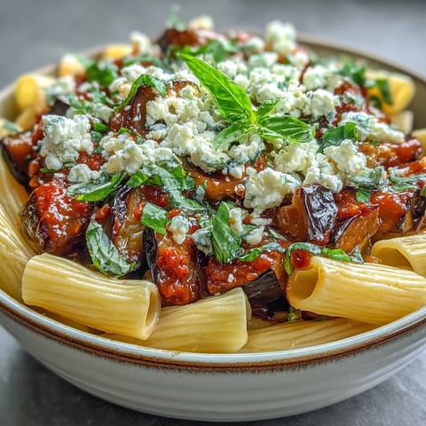 Golden roasted eggplant cubes mingling with a rich, vibrant tomato sauce and rigatoni pasta, generously topped with crumbled ricotta salata and fresh basil leaves in Pasta Alla Norma.