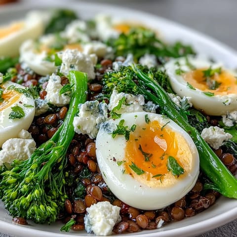 Bright bowl of French Lentil Salad With Broccolini and Soft-Cooked Eggs garnished with fresh parsley and a light Dijon vinaigrette.