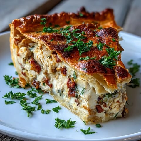 A slice of Chicken and Leek Pie rests on a rustic plate beside fresh parsley garnish.