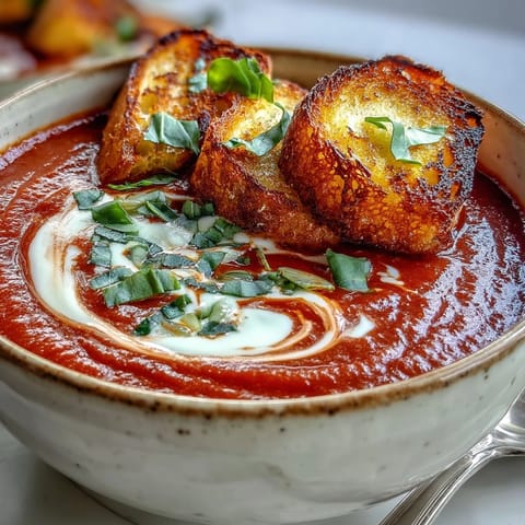 A close-up shows velvety Creamy Roasted Tomato Soup topped with golden, crispy homemade croutons and a drizzle of olive oil.