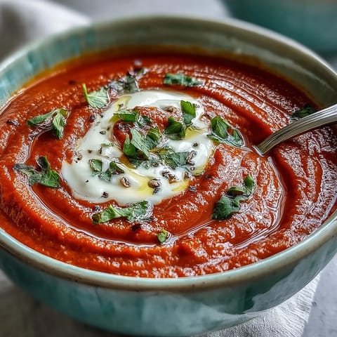 A bowl of silky Roasted Red Pepper Soup topped with fresh herbs and a drizzle of olive oil, served beside crusty bread.