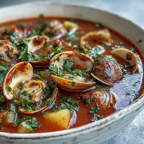 A comforting bowl of Manhattan Clam Chowder served hot, garnished with fresh parsley and oyster crackers.