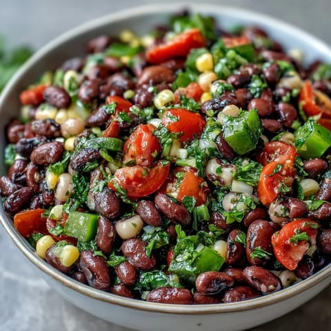 Colorful Cowboy Caviar served in a rustic bowl with tortilla chips for dipping, perfect for a party appetizer.