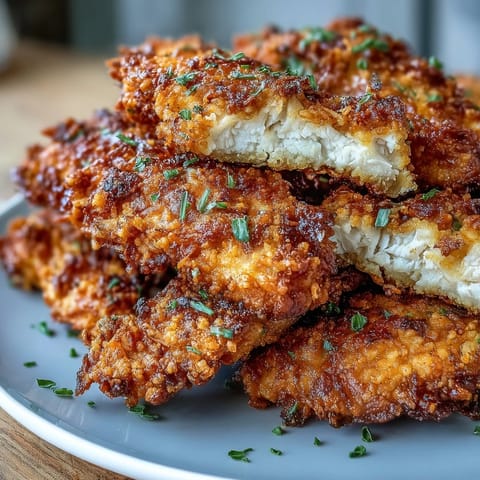Crispy Air Fryer Chicken Strips with a juicy interior, arranged on a platter with herbs.