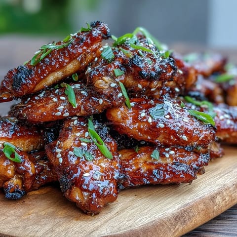 Golden-brown Coca Cola Chicken Wings glistening with sticky, sweet glaze on a platter, garnished with fresh scallions and sesame seeds.