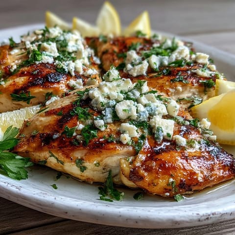 Greek Chicken with Lemon and Feta resting on a white plate, garnished with fresh parsley and lemon wedges.
