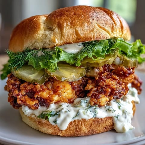 Crispy fried chicken sandwich stacked on a brioche bun with fresh lettuce, tomato, and pickles. Spicy Chicken Sandwich with Creamy Homemade Sauce.