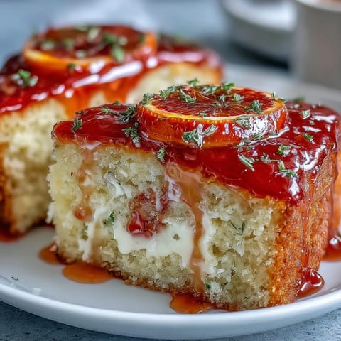 A glazed slice of Heavenly Blood Orange Yogurt Cake rests on a white plate, with juicy orange segments and fresh berries nearby.