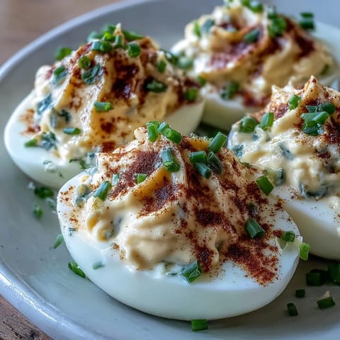 A platter of creamy Million Dollar Deviled Eggs garnished with paprika and fresh chives.