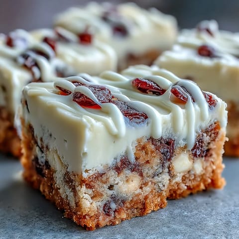 Cranberry Bliss Bars sit on a cooling rack with glossy orange cream cheese frosting and a white chocolate drizzle.