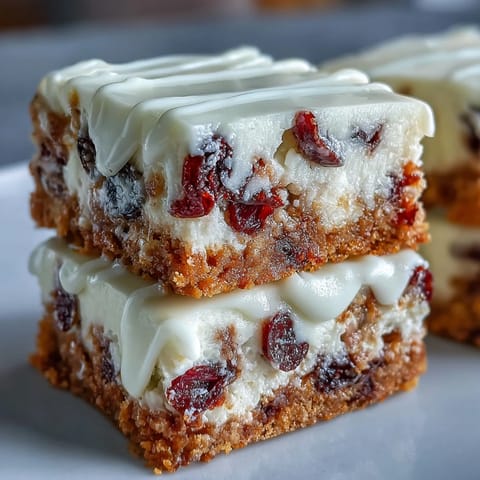 Baked Cranberry Bliss Bars are cut into squares, showing dried cranberries and white chocolate chips in each bar.