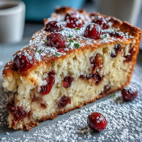 Freshly baked Cranberry Orange Breakfast Cake on a wooden board, dusted with powdered sugar and sliced to reveal a tender, moist crumb with vibrant orange zest flecks.