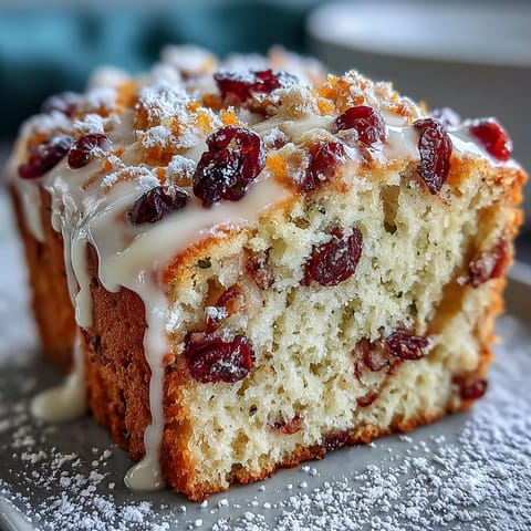A close-up of Cranberry Orange Breakfast Cake showcasing tart cranberry pieces and bright orange zest in a golden slice, paired with a steaming mug of coffee.