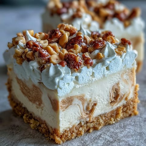 A sliced Nutter Butter Cheesecake reveals a creamy peanut butter filling on a crunchy cookie crust, topped with whipped cream.