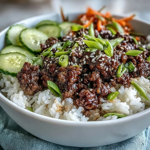 Bright and colorful Korean Ground Beef Bowl with seasoned ground beef, fluffy rice, and vibrant pickled carrots, cucumbers, and radishes.