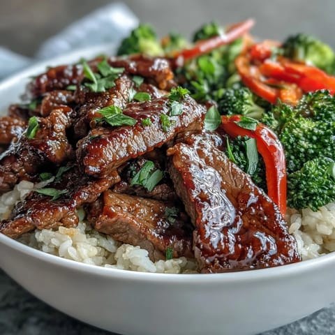 Golden brown teriyaki beef and crisp vegetables piled high over fluffy white rice in a bowl.