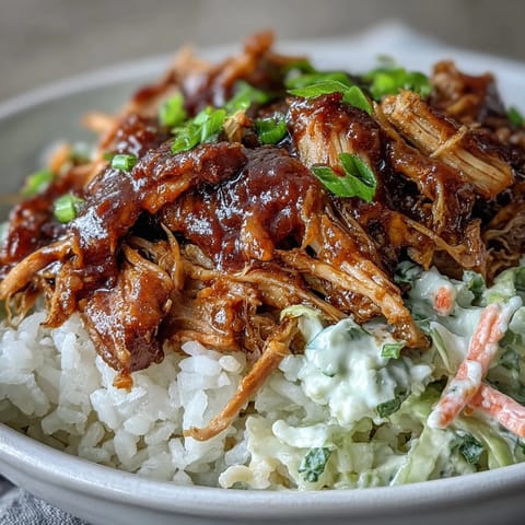 Hearty Pulled Pork Bowl featuring smoky BBQ sauce drizzled over tender shredded meat and fresh garnishes.