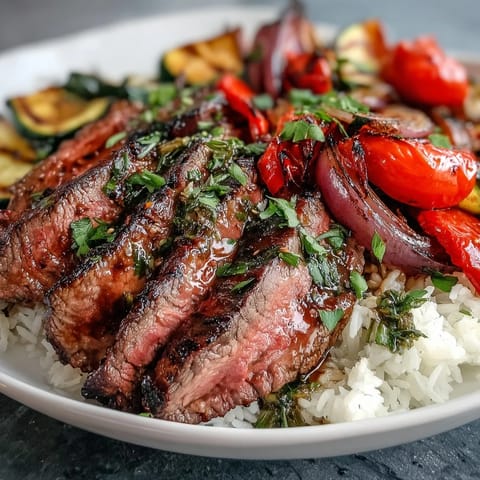 Juicy grilled steak and caramelized roasted vegetables over fluffy rice in a Sheet Pan Steak and Veggie Bowl.