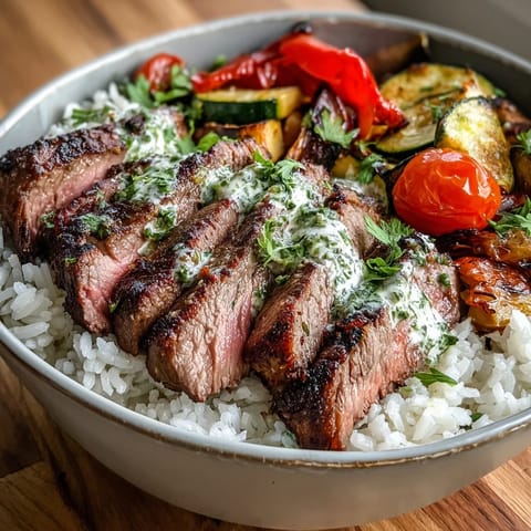 A bowl of Grilled Steak Bowl with fluffy rice and colorful roasted vegetables.