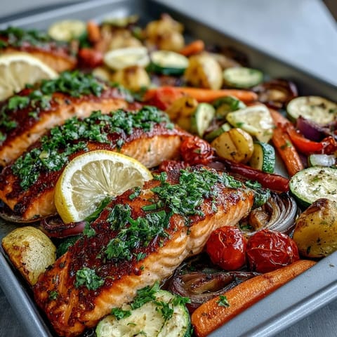 Golden-brown roasted salmon fillets nestled among tender, caramelized red onions, carrots, and cherry tomatoes in a vibrant Sheet Pan Salmon and Veggies Bowl.