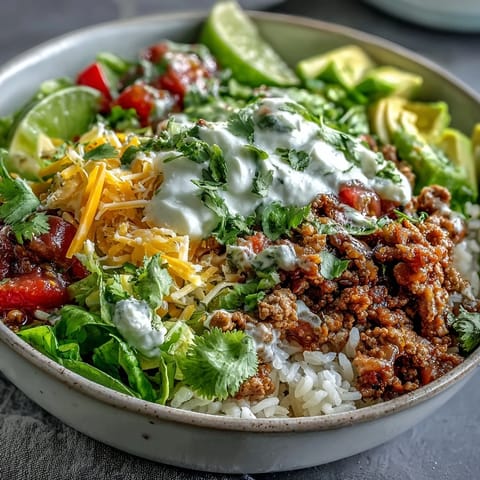 Spicy turkey taco bowl topped with diced avocado, shredded cheese, and fresh cilantro, ready to serve.