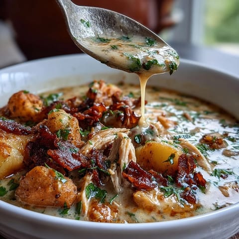 A creamy bowl of slow cooker chicken pot pie soup with tender chicken, potatoes, and vegetables in a rich, savory broth.