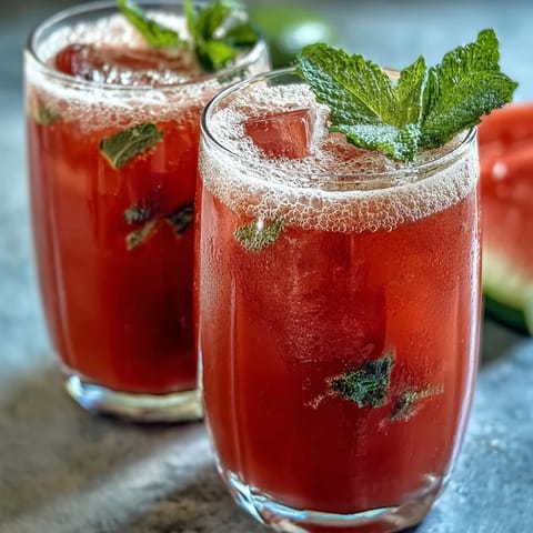 Vibrant watermelon lime punch served over ice with sparkling water, garnished with mint leaves and lime wedges for a festive touch.