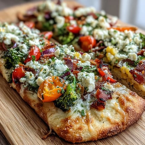 St. Patricks Day Rainbow Veggie Flatbread Pizza with colorful vegetables arranged in a vibrant rainbow pattern on a crisp naan crust.