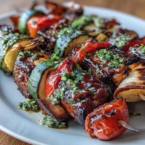 Vibrant grilled vegetable skewers with colorful summer produce and fresh chimichurri sauce.  