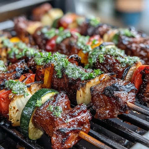 Close-up of charred zucchini, bell peppers, and mushrooms on skewers with herby chimichurri drizzle.  
