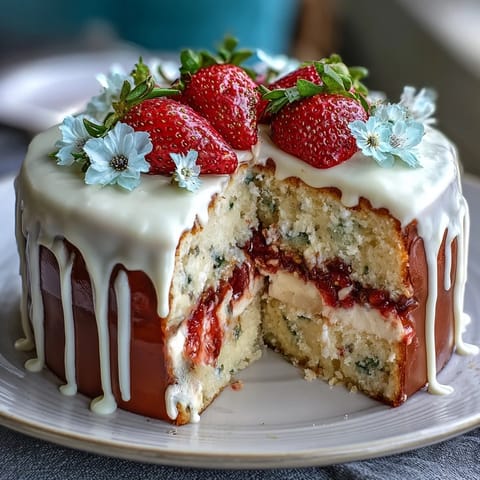 Beautiful floral drip cake with strawberry frosting, perfect for spring celebrations and garden parties.