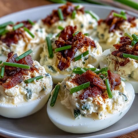Spicy jalapeño popper deviled eggs with creamy cheese filling and crispy bacon garnish.