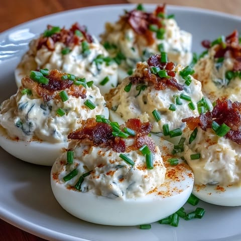 Cream cheese-stuffed jalapeño popper deviled eggs topped with fresh jalapeño slices and chives.