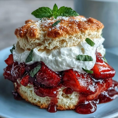 Fluffy buttermilk biscuits layered with sweet strawberries, fresh basil, and whipped cream for a refreshing twist on classic shortcake.