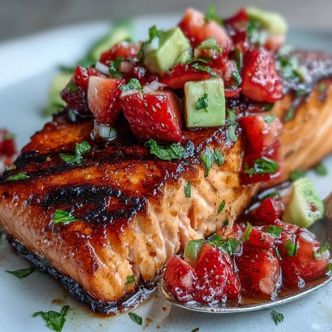 Grilled salmon with strawberry avocado salsa served on a white plate, juicy fillets topped with vibrant red and green salsa and fresh herbs.