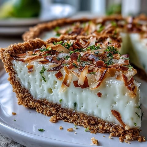 Creamy coconut lime tart with graham cracker crust, topped with whipped cream and toasted coconut.